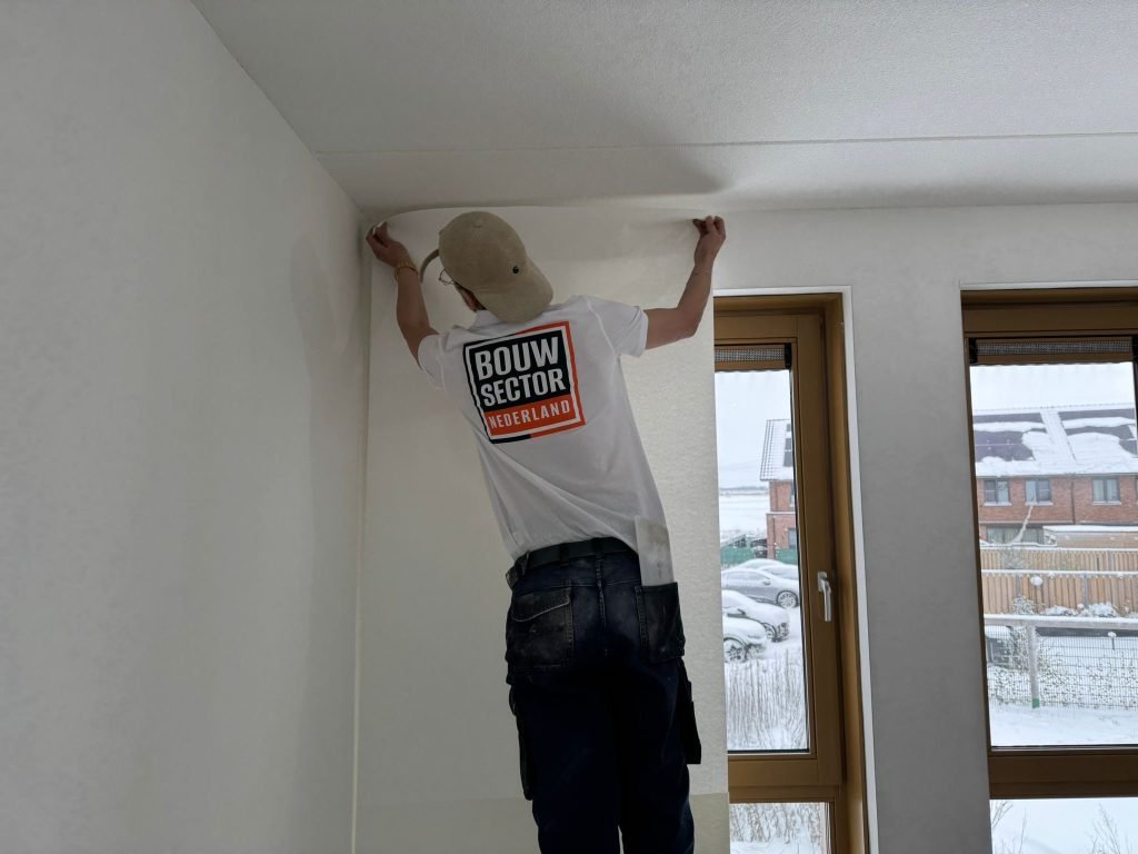 Behanger van Bouwsector Nederland zet een baan behang vast tegen het plafond